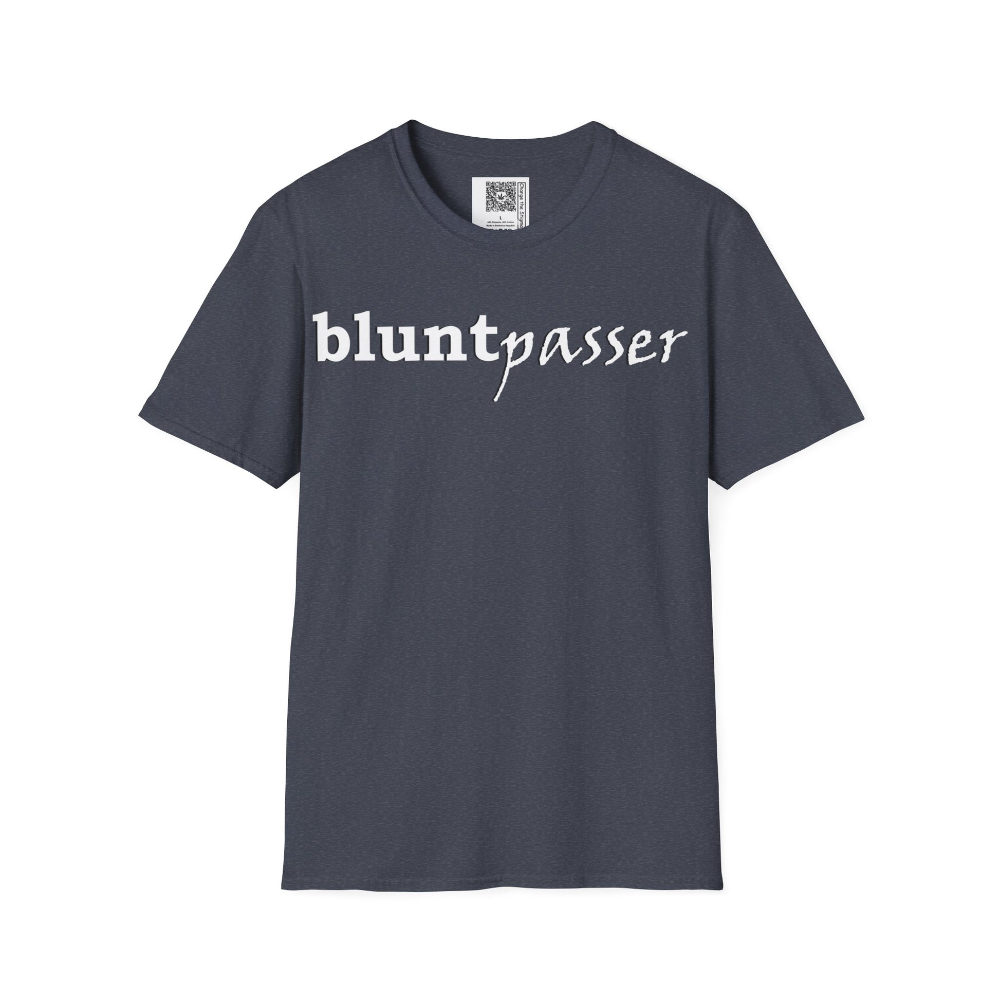 Change the Stigma, Heather Navy color, shirt saying "blunt passer", Shirt is open displayed, Qr code is shown neck tag