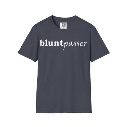 Change the Stigma, Heather Navy color, shirt saying "blunt passer", Shirt is open displayed, Qr code is shown neck tag
