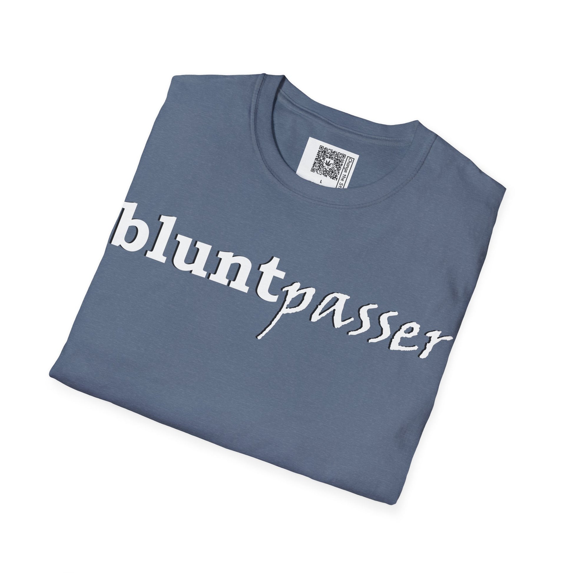 Change the Stigma, Heather Indigo color, shirt saying "blunt passer", Folded, Qr code is shown