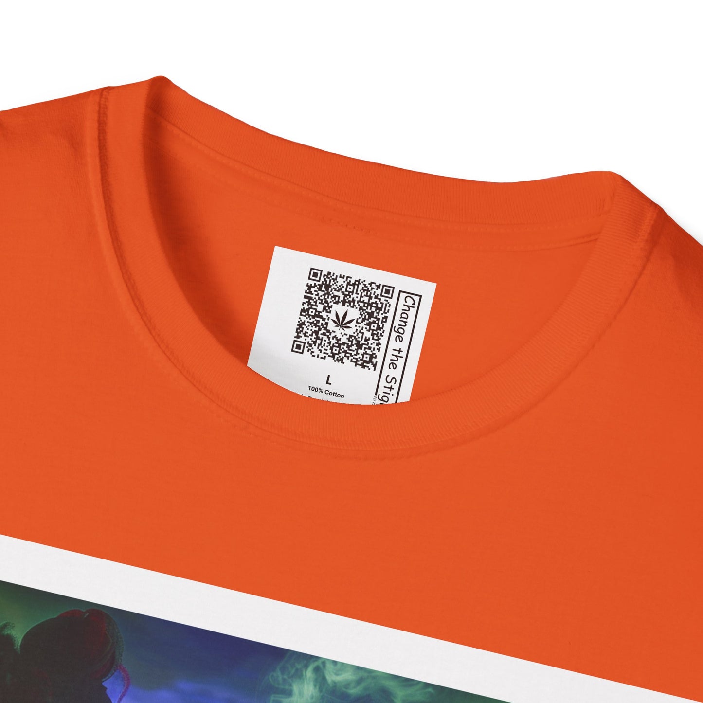 Change the Stigma, Orange color, shirt featuring a woman smoking cannabis while bowling, shirt is open showing QR code tag