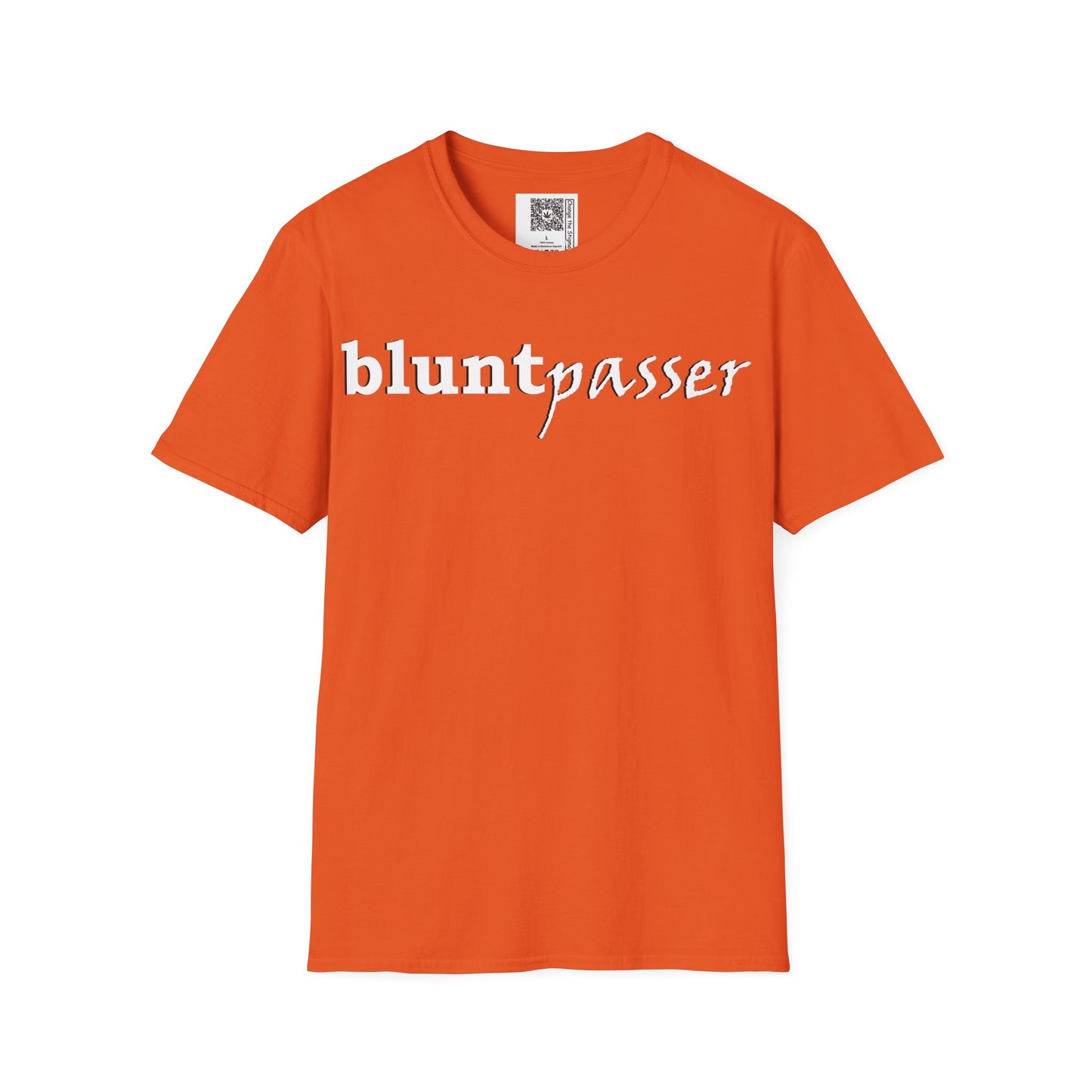 Change the Stigma, Orange color, shirt saying "blunt passer", Shirt is open displayed, Qr code is shown neck tag
