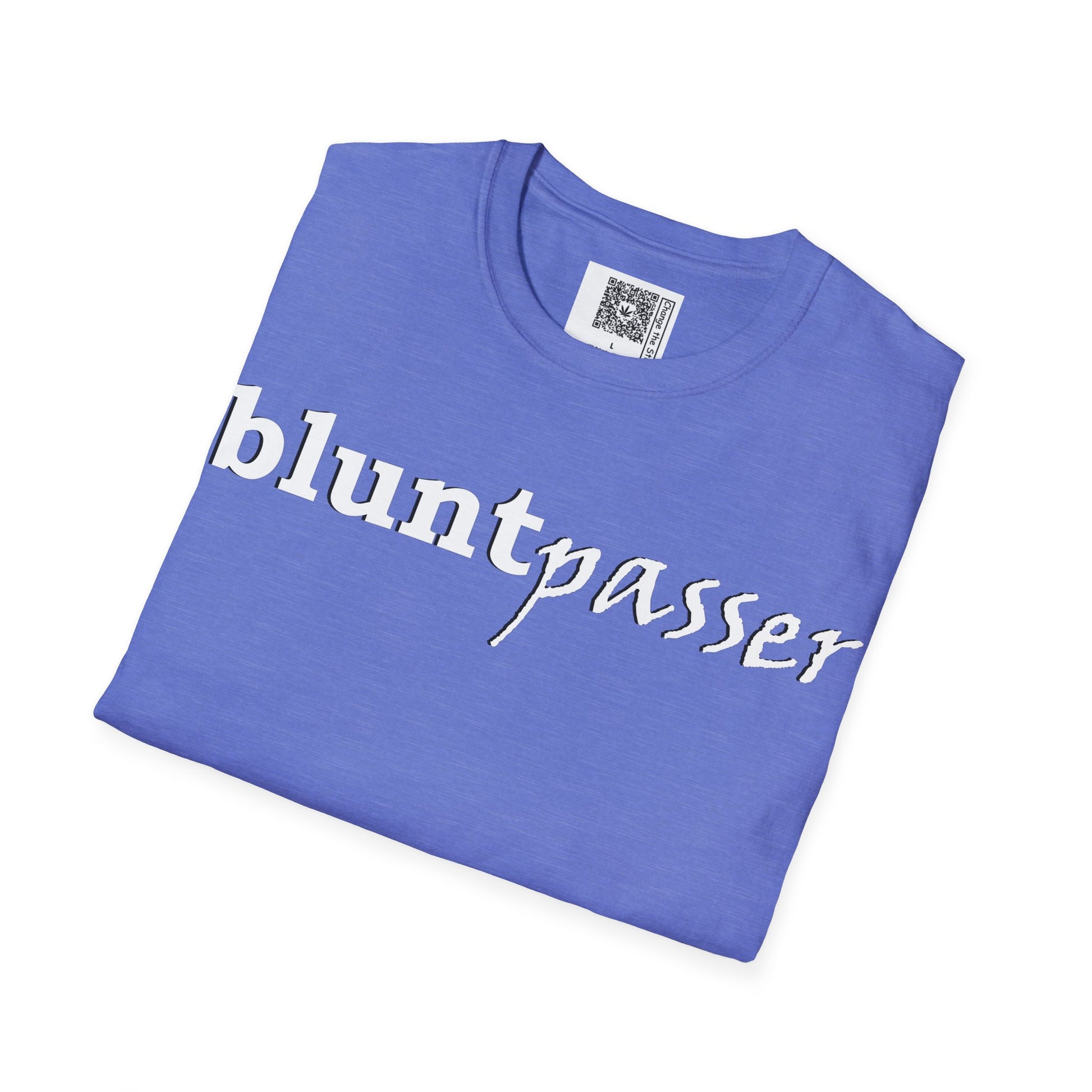 Change the Stigma, Heather Royal color, shirt saying "blunt passer", Folded, Qr code is shown