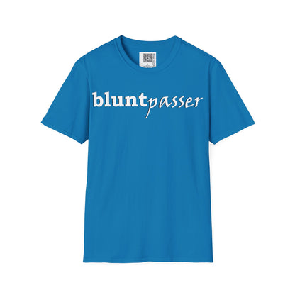 Change the Stigma, Sapphire color, shirt saying "blunt passer", Shirt is open displayed, Qr code is shown neck tag