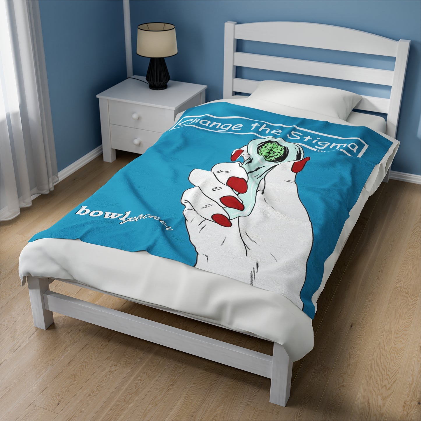 Change the Stigma, Turquoise background, a woman with red nails holding a packed cannabis pipe with fresh cannabis present. It also says "Bowl packer". It shows the blanket in a bedroom on a white bed. Blue walls are present on a hardwood floor. 50"x60" size