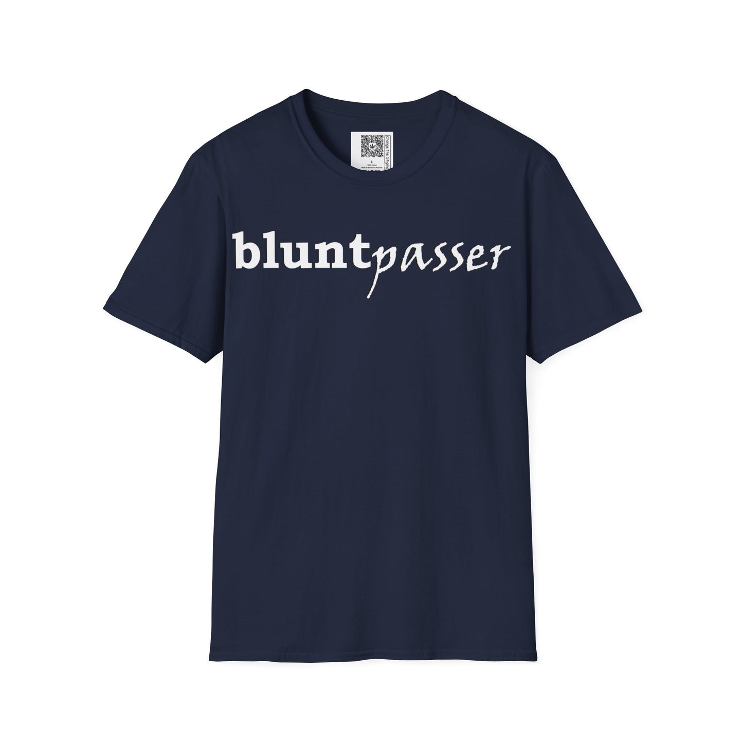 Change the Stigma, Navy color, shirt saying "blunt passer", Shirt is open displayed, Qr code is shown neck tag