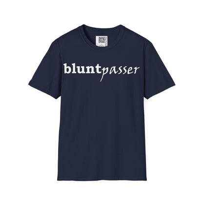 Change the Stigma, Navy color, shirt saying "blunt passer", Shirt is open displayed, Qr code is shown neck tag