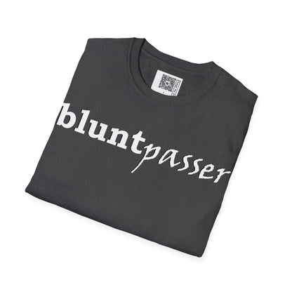 Change the Stigma, Dark Heather color, shirt saying "blunt passer", Folded, Qr code is shown