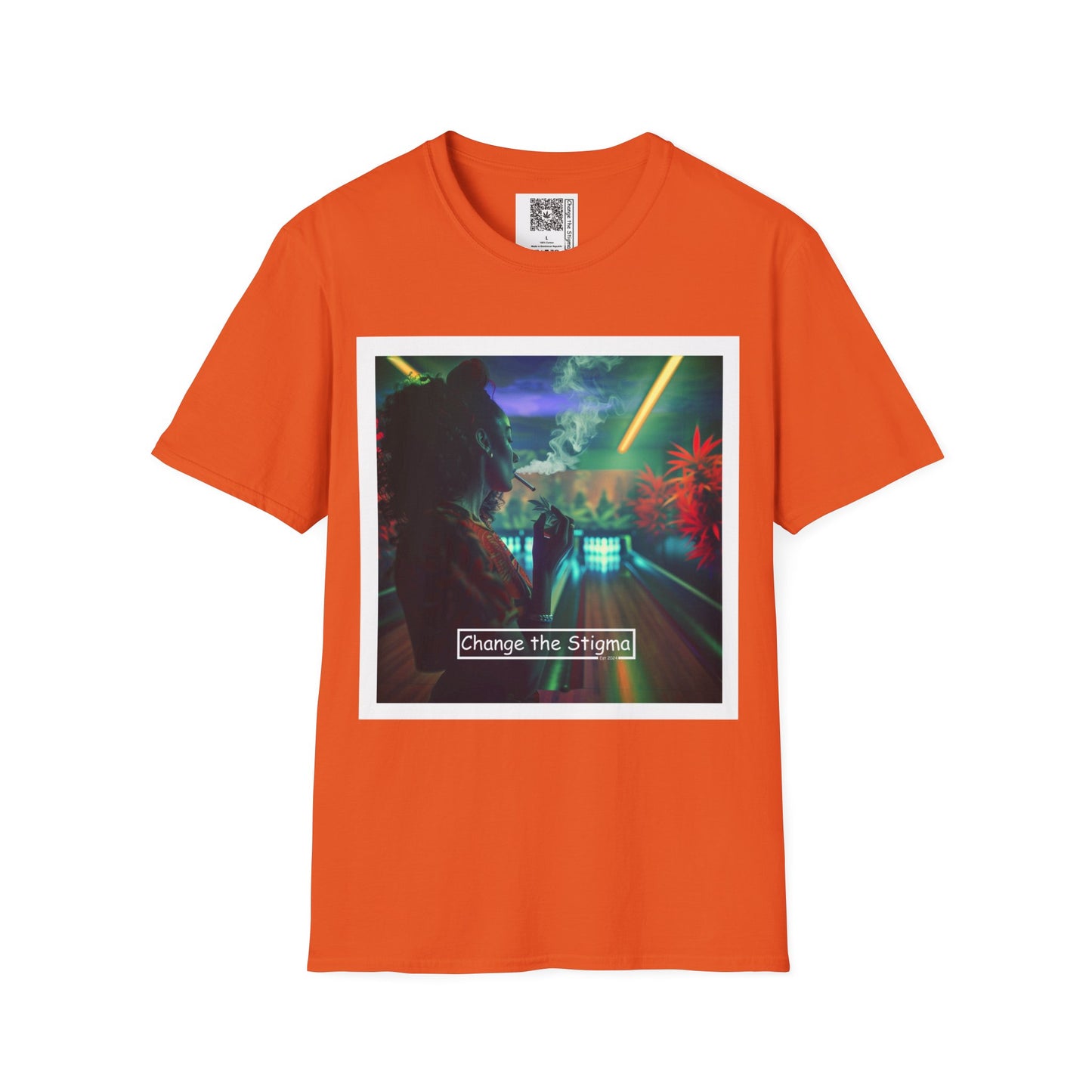 Change the Stigma, Orange color, shirt featuring a woman smoking cannabis while bowling, shirt is open displayed