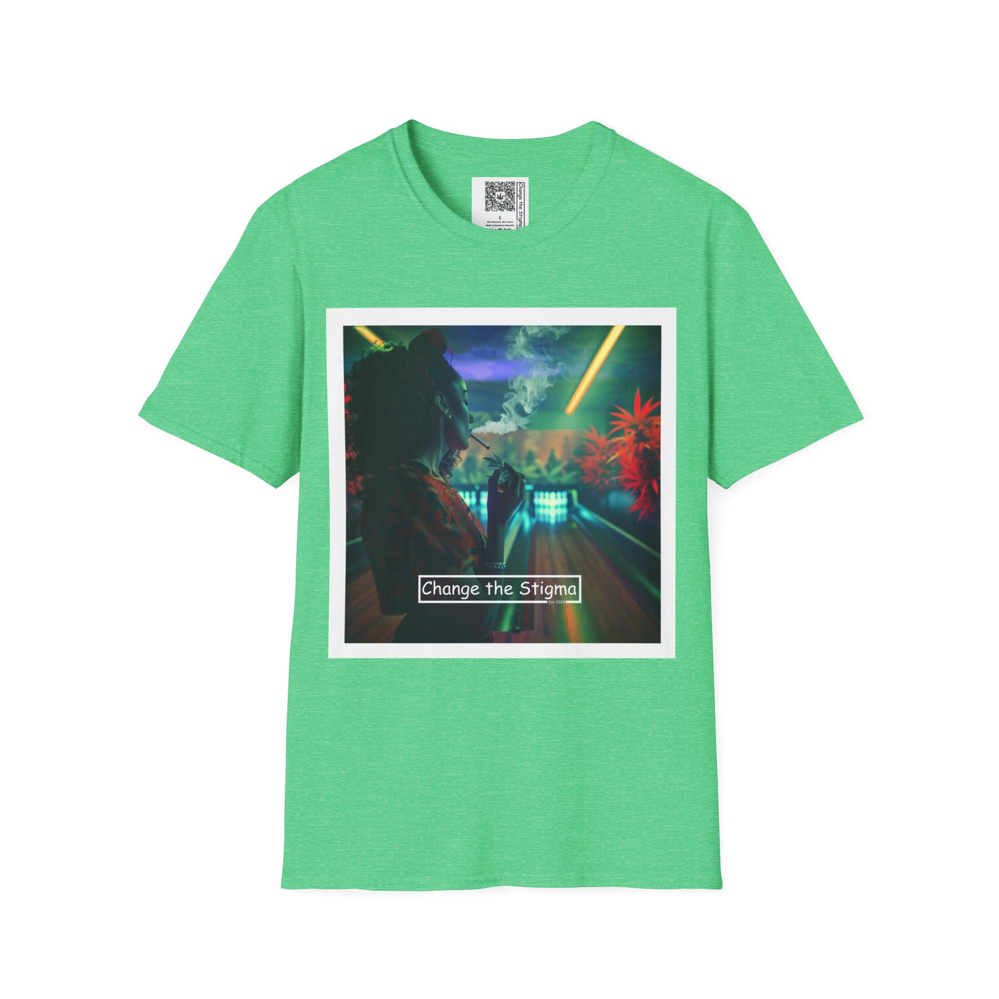Change the Stigma, Heather Irish Green color, shirt featuring a woman smoking cannabis while bowling, shirt is open displayed