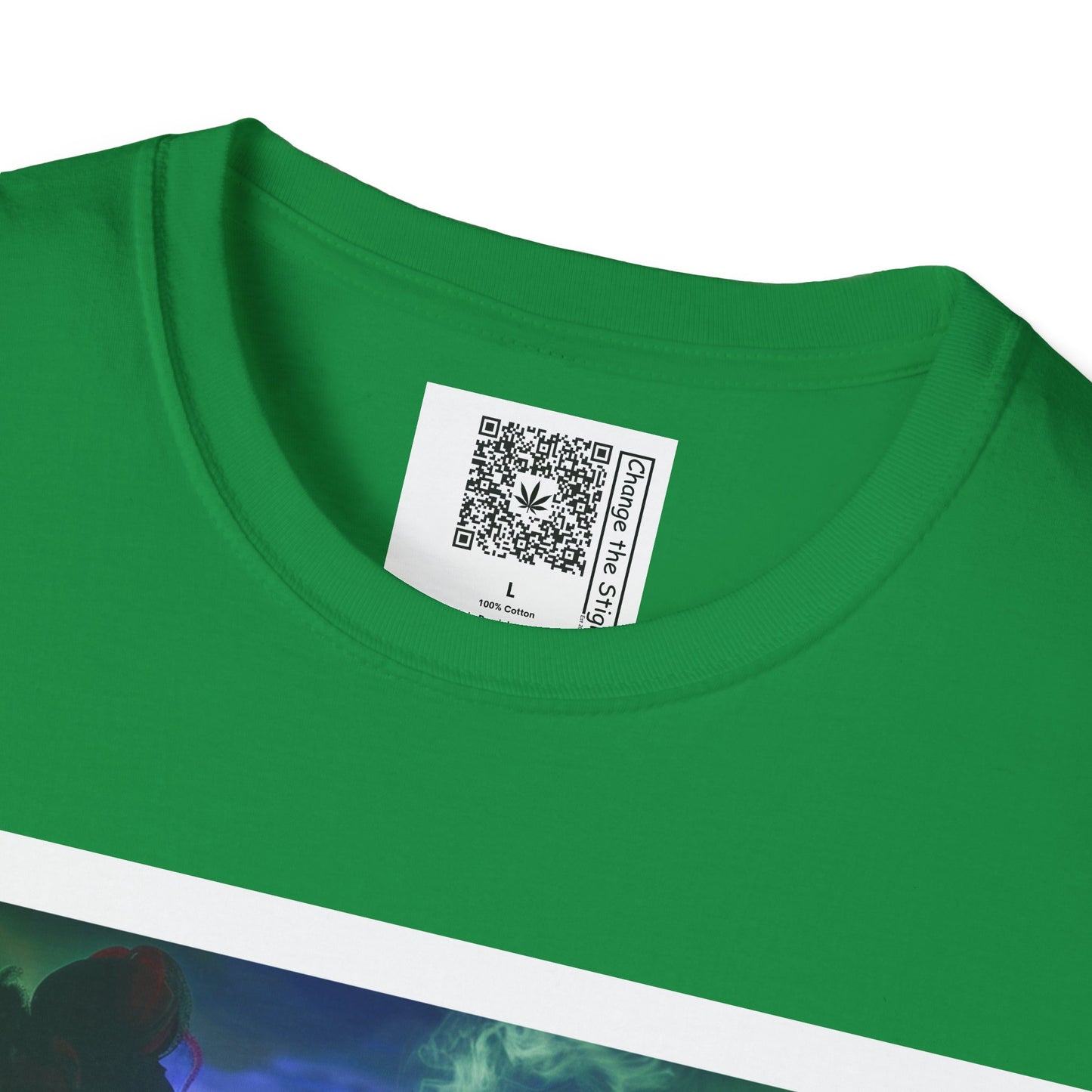 Change the Stigma, Irish Green color, shirt featuring a woman smoking cannabis while bowling, shirt is open showing QR code tag