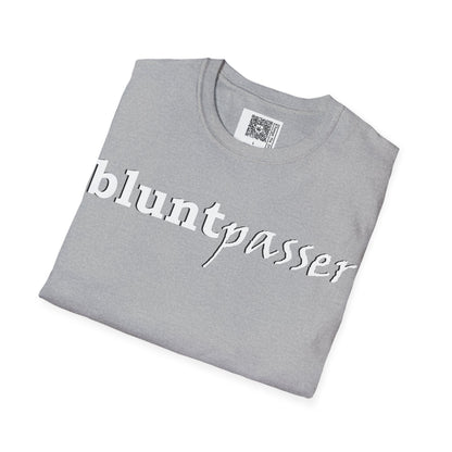 Change the Stigma, Sport Grey color, shirt saying "blunt passer", Folded, Qr code is shown
