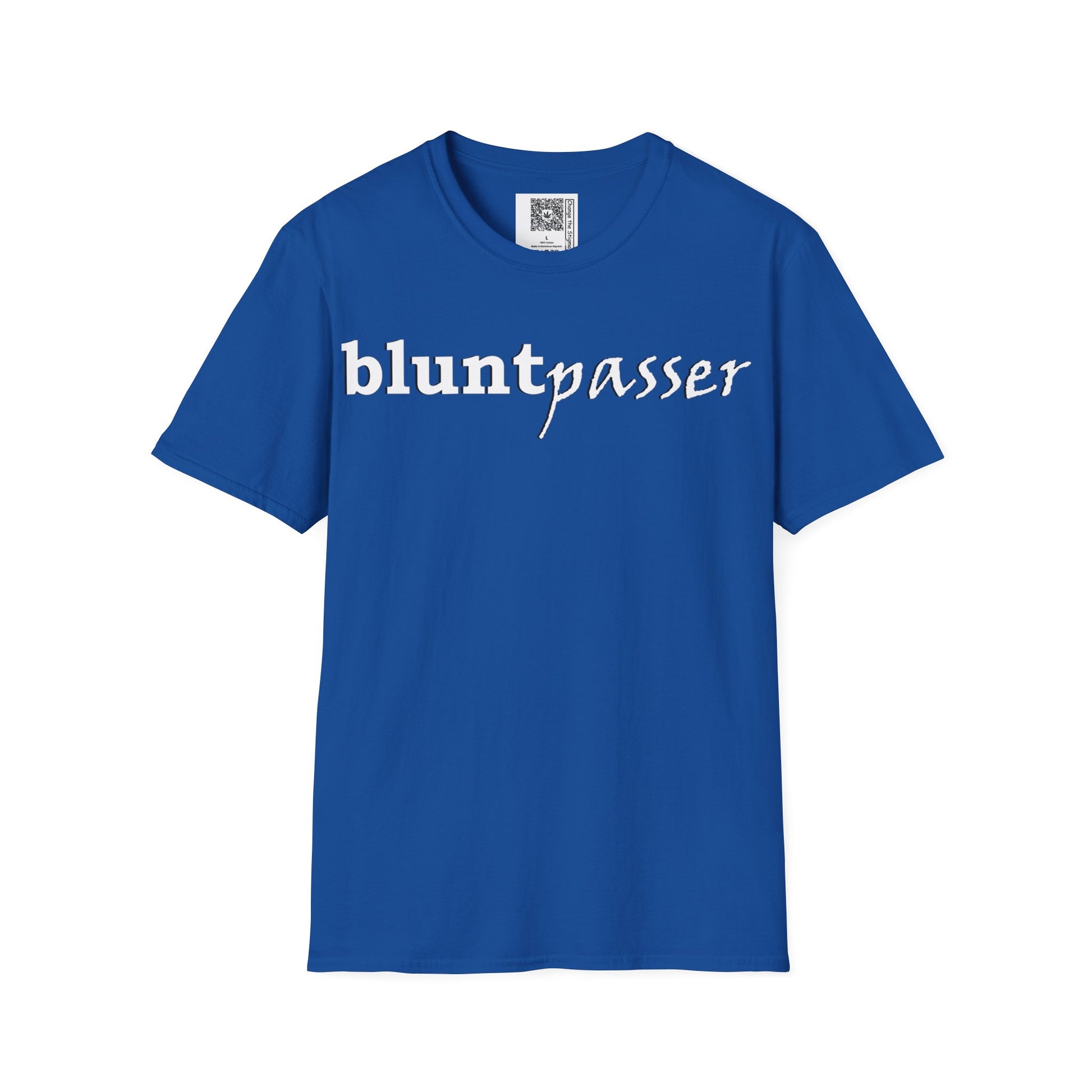 Change the Stigma, Royal color, shirt saying "blunt passer", Shirt is open displayed, Qr code is shown