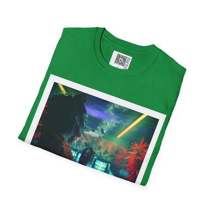 Change the Stigma, Irish Green color, Tshirt featuing a woman smoking cannabis while bowling, shirt is folded