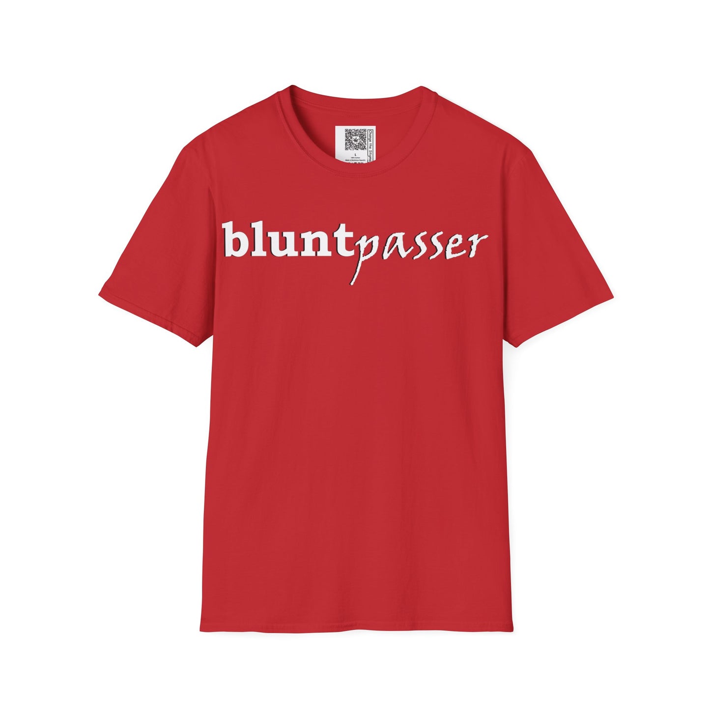 Change the Stigma, Red color, shirt saying "blunt passer", Shirt is open displayed, Qr code is shown neck tag