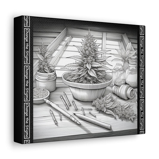 Canvas showing a cannabis plant in a bowl, coloring your own canvas. two sizes available