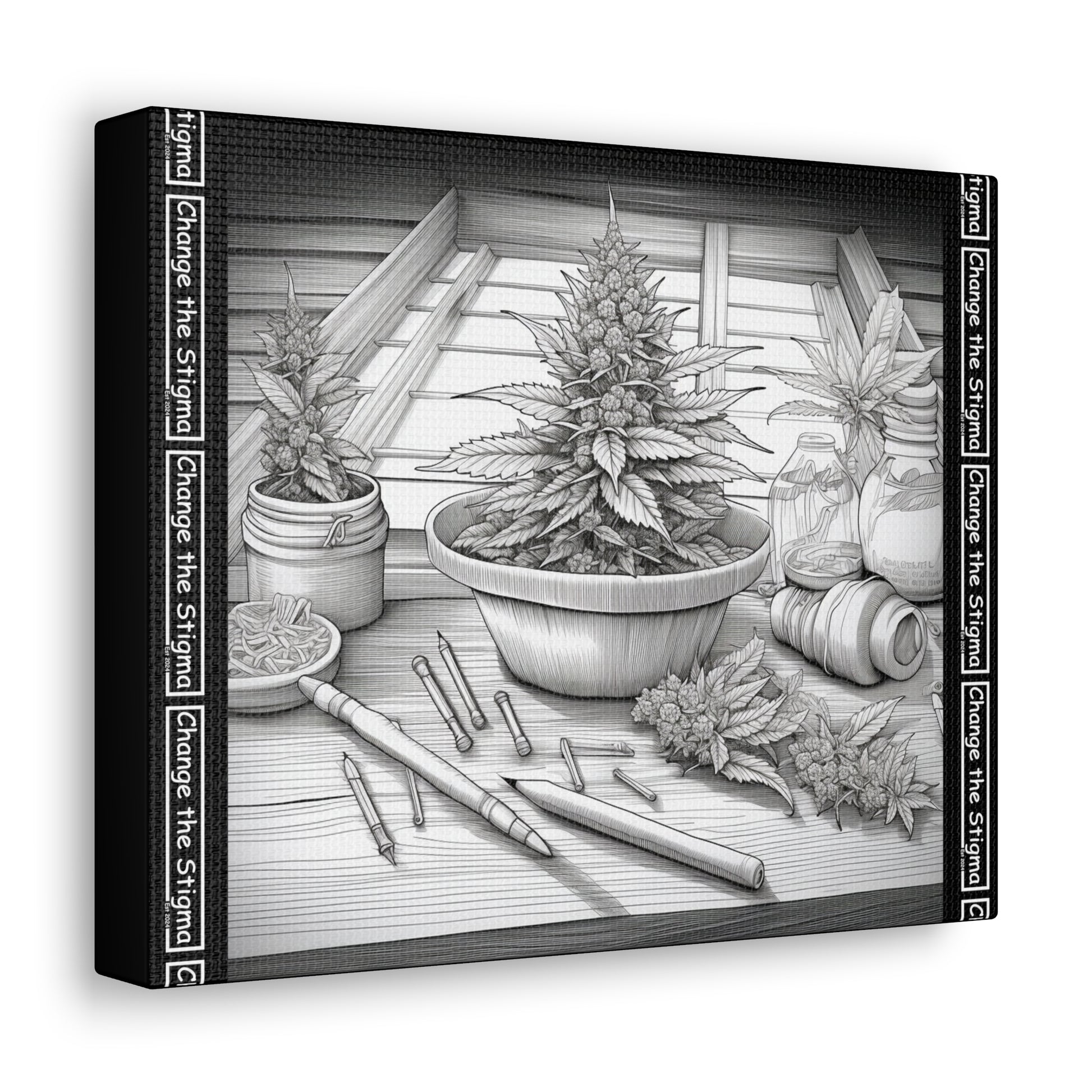 Canvas showing a cannabis plant in a bowl, coloring your own canvas. two sizes available