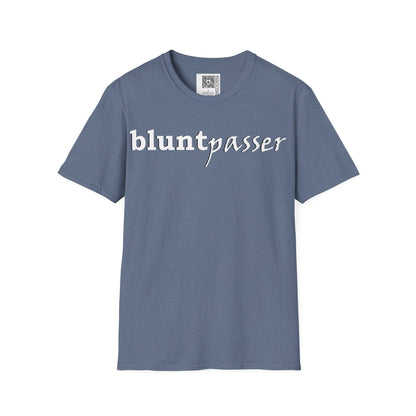 Change the Stigma, Heather Indigo color, shirt saying "blunt passer", Shirt is open displayed, Qr code is shown neck tag