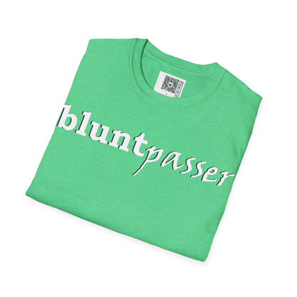 Change the Stigma, Heather Irish Green color, shirt saying "blunt passer", Folded, Qr code is shown