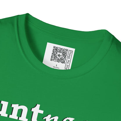 Change the Stigma, Irish green color, shirt saying "blunt passer", Shirt is open displayed, Qr code is shown neck tag