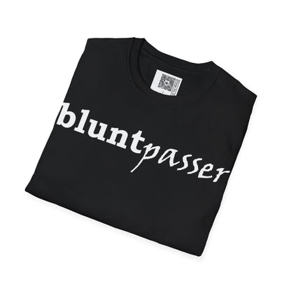Change the Stigma,  Black color, shirt saying "blunt passer", Folded, Qr code is shown