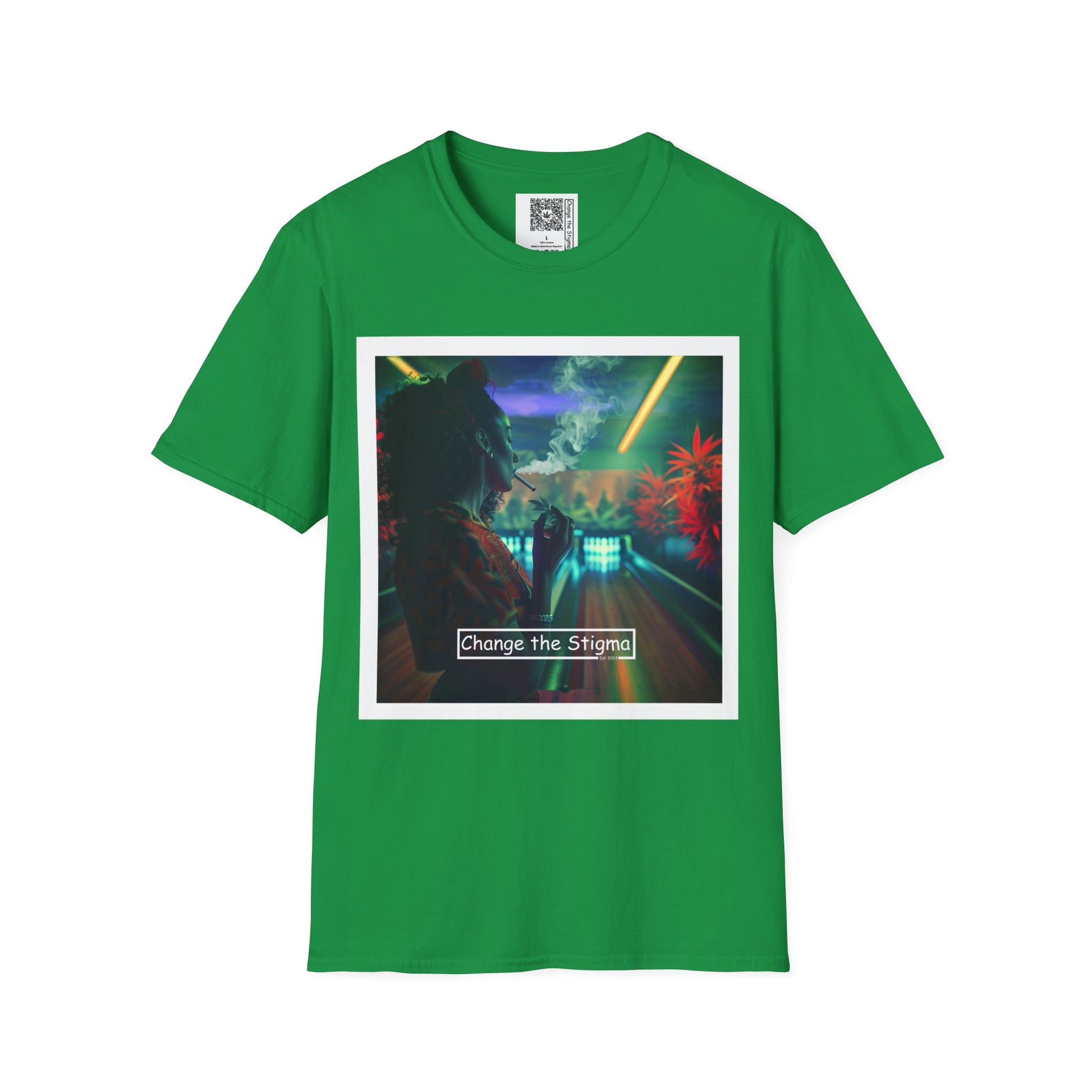 Change the Stigma, Irish Green color, shirt featuring a woman smoking cannabis while bowling, shirt is open displayed