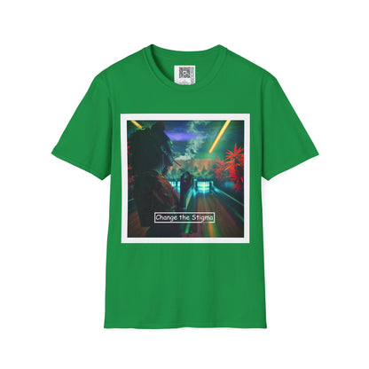 Change the Stigma, Irish Green color, shirt featuring a woman smoking cannabis while bowling, shirt is open displayed